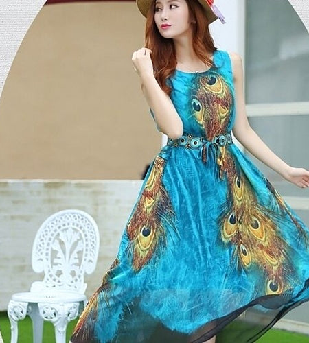 Sleeveless Peacock Theme Long Dress