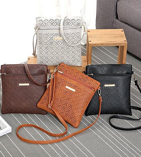 Classic Square Crossbody Bag with Floral Cutout Accent