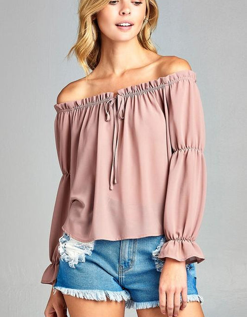 Load image into Gallery viewer, Women&#39;s Puff Long Sleeve Ruffled Front Tie Off Shoulder Top
