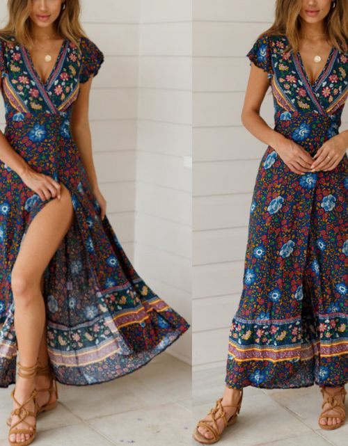 Load image into Gallery viewer, Women&#39;s Wrap Style V Neck Floral Maxi Dress
