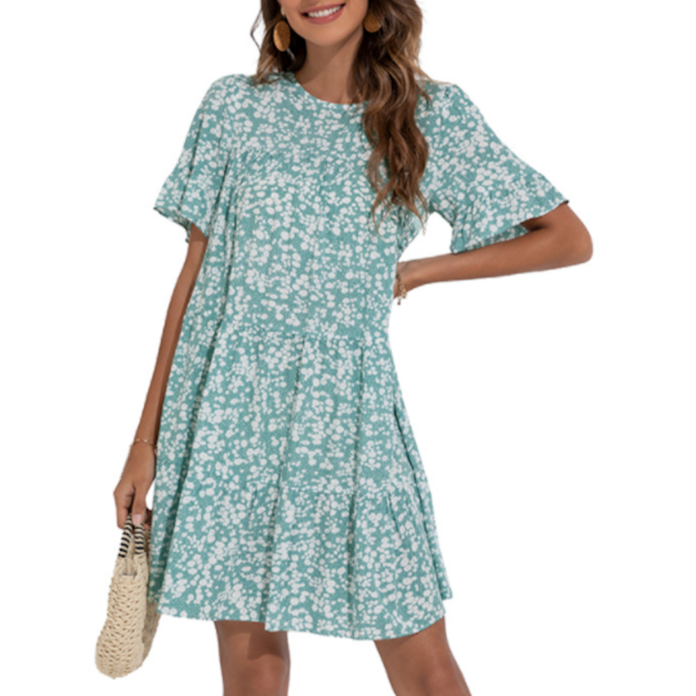 Women's A Line Floral Dress with Ruffle Sleeves