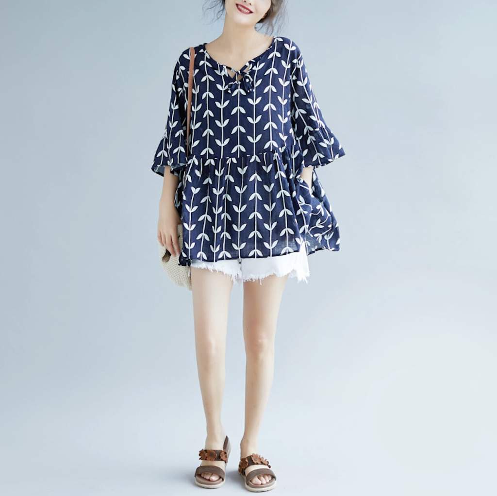 Women's Linen Floral Baby doll Top