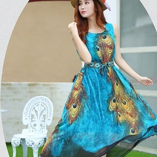 Load image into Gallery viewer, Sleeveless Peacock Theme Long Dress
