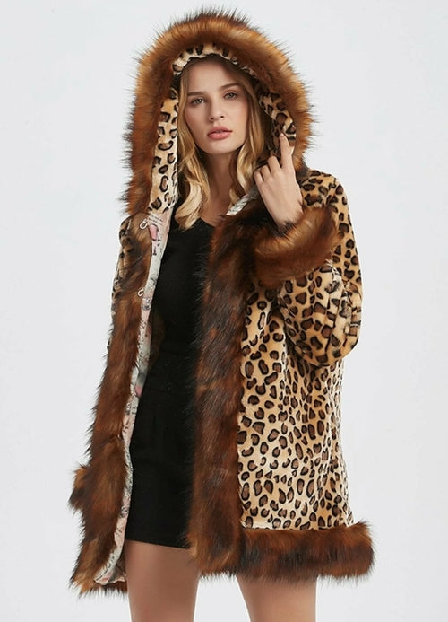 Women's Leopard Print Hooded Faux Fur Collar Jacket