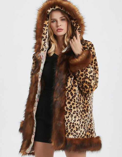 Load image into Gallery viewer, Women&#39;s Leopard Print Hooded Faux Fur Collar Jacket
