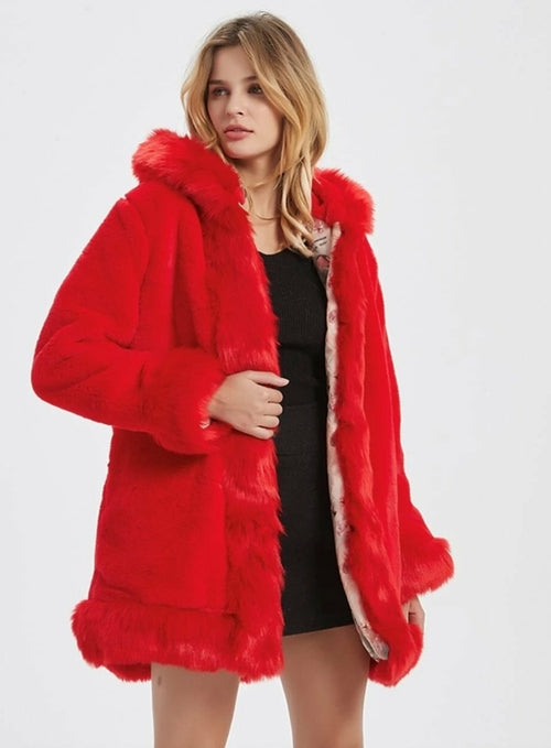 Women's Hooded Faux Fur Collar Coat