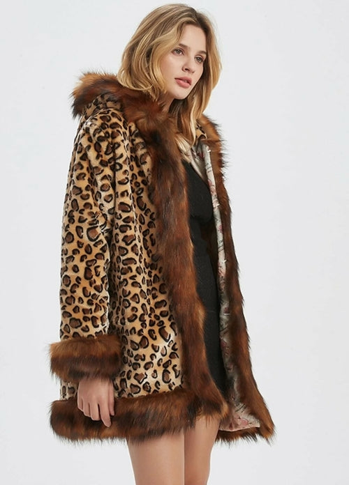 Women's Leopard Print Hooded Faux Fur Collar Jacket