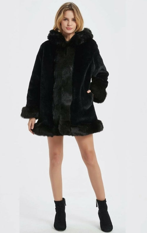Women's Hooded Faux Fur Collar Coat